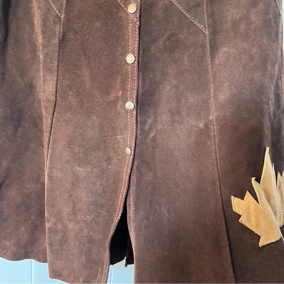 Vintage Suede Leather Skirt Brown Maple Leaf Snap Front Canada Appliqué Midi Vtg - Picture 6 of 14
